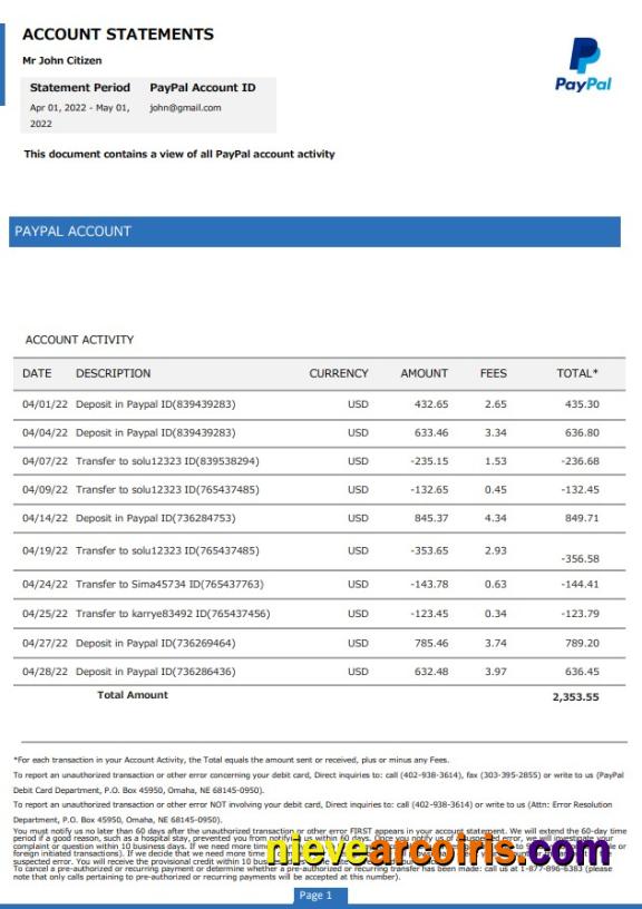 USA PayPal Account Statement